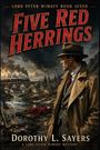 „Lord Peter Wimsey Book Seven. Five Red Herrings. Dorothy L. Sayers.“ Ein Mann im Anzug schaut auf eine Landschaft mit Brücke.