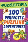„100 Perfectly Puzzling Adventures! Brain Teasers, Logic Games + More!“ Cartoon-Charaktere und Schatztruhe.