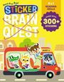 „Pencil-Free Fun! STICKER BRAIN QUEST. K&1 READING SKILLS. LEARN WITH 300+ STICKERS.“ Ein roter Bus mit Tieren.
