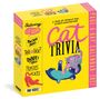 "Cat Trivia", lustige Fakten, Zitate, berühmte Katzen; bunte Illustration von zwei spielenden Katzen auf gelbem Hintergrund.