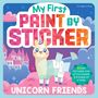 "My First Paint by Sticker", "Unicorn Friends". Illustration eines Einhorn-Lamas vor einer bunten Schlosslandschaft.