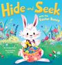 "Hide-and-Seek with the Easter Bunny." Ein fröhlicher Hase hält einen bunten Osterkorb, umgeben von Blumen und lebhaften Farben.