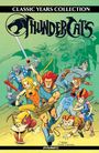 "THUNDERCATS CLASSIC YEARS COLLECTION" oben. Illustration von Helden mit verschiedenen Waffen, kämpfen vor grünem Hintergrund.