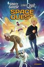 "SPACE GHOST, Jonny Quest: SPACE QUEST" zeigt drei rennende Figuren, einen Hund und einen Helden im Umhang in dynamischer Pose.