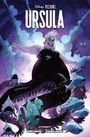 "URSULA" in großen Buchstaben oben. Illustration: Ursula, eine breite, lila Figur mit Tentakeln, umgeben von erschrockenen Fischen.