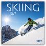 „SKIING“, „SKI“, „2027“. Ein Skifahrer in grüner Jacke fährt dynamisch einen sonnigen Berghang hinunter.