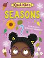 „Q&A Kids SEASONS“ und „Your Science Questions Answered“ mit Illustrationen von Eis, Blättern, einer Sonnenblume und einem Kind.