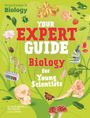 "Your Expert Guide: Biology for Young Scientists" steht vor grünen Hintergrund mit Illustrationen von Tieren und Laborausrüstung.