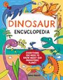 Titel: "DINOSAUR ENCYCLOPEDIA". Verschiedene bunte Dinosaurier und Vulkan. Sprechblase: "EVERYTHING YOU NEED TO KNOW...".