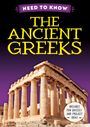 Text: "NEED TO KNOW: THE ANCIENT GREEKS. INCLUDES FUN QUIZZES AND PROJECT IDEAS." Zeigt einen antiken Tempel auf lila Hintergrund.