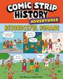 "Comic Strip History Adventures: Resourceful Romans" steht oben. Darunter Szenen mit Julius Caesar, Piraten und römischen Soldaten.