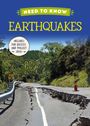 "Need to Know Earthquakes"; "Includes fun quizzes and project ideas". Eine beschädigte Straße mit Warnhütchen in einer grünen Landschaft.