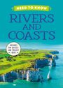 "Need to Know: Rivers and Coasts" oben, "Includes Fun Quizzes and Project Ideas" in Kreis. Klippenlandschaft am Meer.