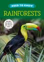 Text: "NEED TO KNOW RAINFORESTS", "INCLUDES FUN QUIZZES AND PROJECT IDEAS". Ein Tukan sitzt auf einem Ast.