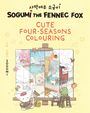 "CUTE FOUR-SEASONS COLOURING", Illustration eines Fuchs, der malt. Szenen der vier Jahreszeiten im Hintergrund.