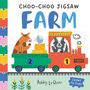 "Choo-Choo Jigsaw FARM" in bunter Schrift mit Zugillustration und Tieren, ergänzt durch "Ashley Le Quere" und "Count to Five!".