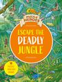 "Escape the Deadly Jungle", "10 Puzzle Spreads Inside", "Puzzle Heroes". Illustration von einem Dschungel mit Tieren und Spinnennetz.