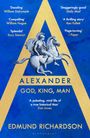 Texte: "Dazzling", "Compelling", "Splendid", "Staggeringly good", "A thrilling story", "Page-turning". Illustration von Alexander dem Großen auf einem Pferd vor einem großen, goldenen "A".