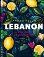 Text: "Anissa Helou - Lebanon: A Culinary Celebration." Illustration mit Zitronen, Oliven, Knoblauch und grünen Blättern.