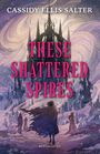 "THESE SHATTERED SPIRES" und "CASSIDY ELLIS SALTER" in kräftigem Pink. Illustration: Menschen vor einer fantastischen Burg.