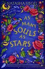 "AS MANY SOULS AS STARS" in gelber Schrift auf blauem Hintergrund. Farbige Blumen und Sterne verzieren den Rand.