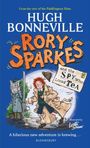 "Rory Sparkes and the Spy Who Loved Tea", von Hugh Bonneville. Junge mit rotem Haar, Mantel, Fliege; Hund, Spion im Hintergrund.