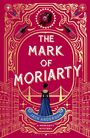 "The Mark of Moriarty" und "Jack Anderson". Rote und goldene Illustration mit Frau, Brücke, Weinflaschen, Lupe und Kamera.