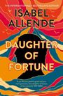 Schriftzug: "Isabel Allende", "Daughter of Fortune". Silhouette und bunte, abstrakte Muster umgeben die Schrift.
