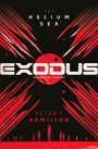 "The Helium Sea", "Exodus", "Become the Traveler", "Peter F. Hamilton"; rote geometrische Muster, Silhouettenfiguren.