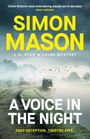 „A Voice in the Night“, „Simon Mason“, „A DI Ryan Wilkins Mystery“. Nebliger Kanalweg mit Boot und Vögeln.