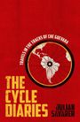 „Travels in the Tracks of Che Guevara“ steht um ein Fahrradrad mit Weltkartenausschnitt. Text: „The Cycle Diaries“, „Julian Sayarer“.
