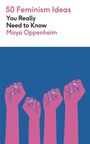 Text: "50 Feminism Ideas You Really Need to Know Maya Oppenheim." Illustration: Vier rosa Fäuste auf blauem Hintergrund.