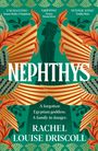 „NEPHTHYS“ in großen Buchstaben, Zitate oben. Silhouette einer Person umgeben von Flügelmotiven und Pflanzen auf grünem Hintergrund.