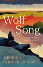 Unterschrift: Wolf Song. Eine Frau sitzt auf einem Felsen und schaut über farbige, abstrakte Landschaften.