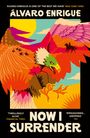 „Álvaro Enrigue“, „Now I Surrender“, bunte Illustration mit riesigem Adler, gelbem Himmel, Reitern und Berglandschaft.