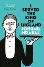 Titel: I Served the King of England. Autor: Bohumil Hrabal. Illustration: Ein Kellner mit Tablett und violetter Fliege.
