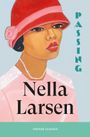 Texte: "PASSING", "Nella Larsen", "VINTAGE CLASSICS". Illustration einer eleganten Frau mit rotem Hut und rosa Kleid.