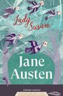 Text: "Lady Susan", "Jane Austen", "Vintage Classics". Illustration zeigt fliegende Vögel mit Briefen in einem abstrahierten Wald.
