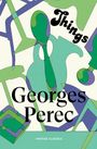 Text: "Things", "Georges Perec", "VINTAGE CLASSICS". Hintergrund: Abstrakte grüne und blaue Formen, overlapping design.