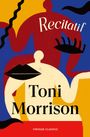 „Recitatif”, Toni Morrison. Bunte Illustration mit abstrakten Figuren und Formen in blau, rot, gelb und schwarz.