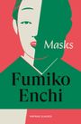 "Fumiko Enchi", "Masks". Eine stilisierte Illustration eines Gesichts mit kontrastierenden Farben Grün und Rot.