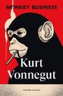 "MONKEY BUSINESS" oben, "Kurt Vonnegut" groß, "VINTAGE CLASSICS" unten. Illustration eines rauchenden Affen auf rotem Hintergrund.