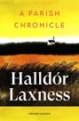 Text: "A Parish Chronicle", "Halldór Laxness", "Vintage Classics". Illustration: eine kleine Kirche vor einem gelben Himmel.