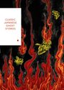"CLASSIC JAPANESE GHOST STORIES" in roter Schrift auf weißem Hintergrund. Flammen und gelbe Motten auf schwarzem Hintergrund.