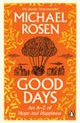 "Michael Rosen: Good Days. An A-Z of Hope and Happiness." Illustration: Heißluftballon aus Brokkoli über Stadt.