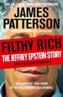 Der Text schlägt ein Buch mit dem Titel "Filthy Rich" vor. Darunter "The Jeffrey Epstein Story" und Autorenangaben. Hintergrund zeigt ein Gesicht.