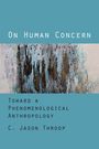 Oben steht "On Human Concern". Darunter ist ein abstraktes Gemälde mit vertikalen, erdfarbenen und blauen Mustern.
