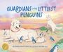 "GUARDIANS OF THE LITTLEST PENGUINS" auf Strand. Illustration mit Hunden und kleinen Pinguinen im Sonnenuntergang.