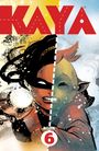 Titel "KAYA", "BOOK 6". Illustrierte Gesichter zweier Figuren, geteilt durch eine gepunktete Linie.