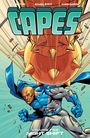 Text auf dem Cover: "CAPES" oben, darunter "Volume Two Night Shift". Ein Superheld weicht einem riesigen stacheligen Ball aus.